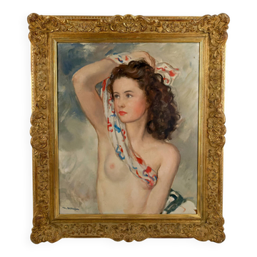 Nude portrait of a young woman with a headscarf, Maurice Ehlinger, Circa 1940