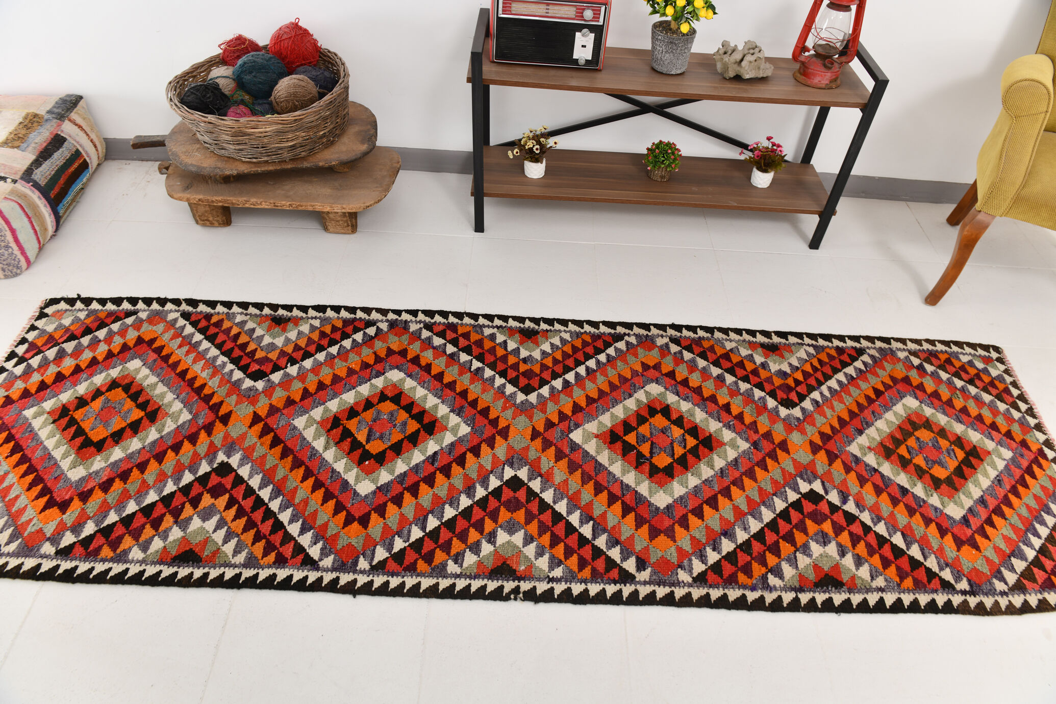 3x9 geometric kilim runner rug, 86x278cm