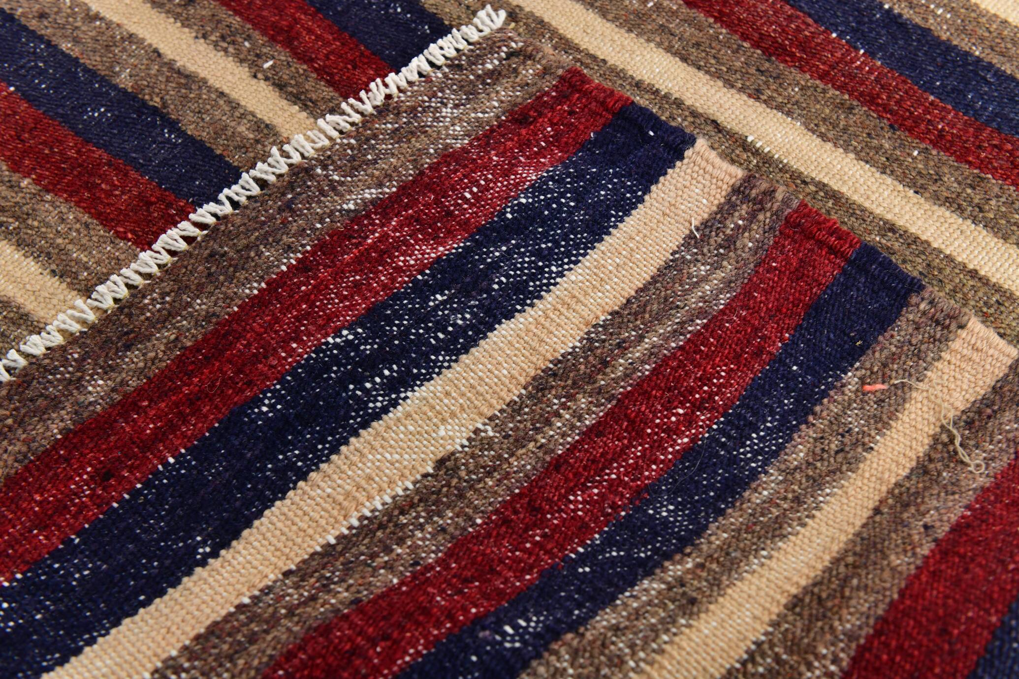 4x9 Red & Navy Blue Pinstriped Pattern Turkish Kilim Rug, 136x284Cm