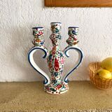 Three-branch candle holder in antique hand-painted ceramic