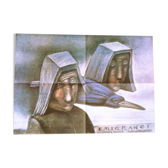Original Polish theater poster "Emigranci" by Stasys Eidrigevicius, 1988