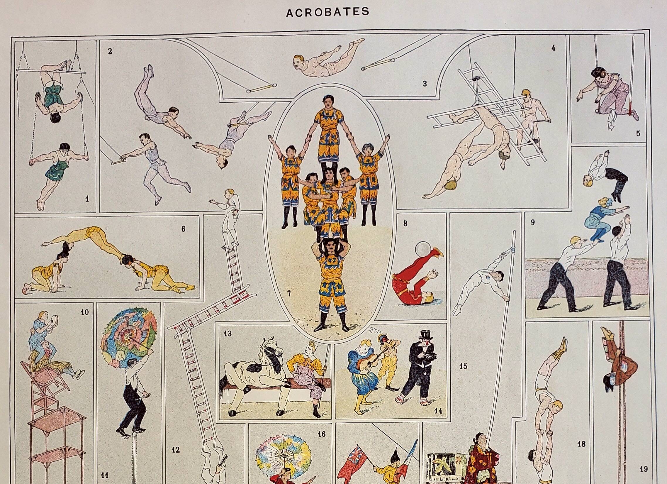 Old engraving 1928, Acrobats, Circus, show, balance • Lithograph, original illustration