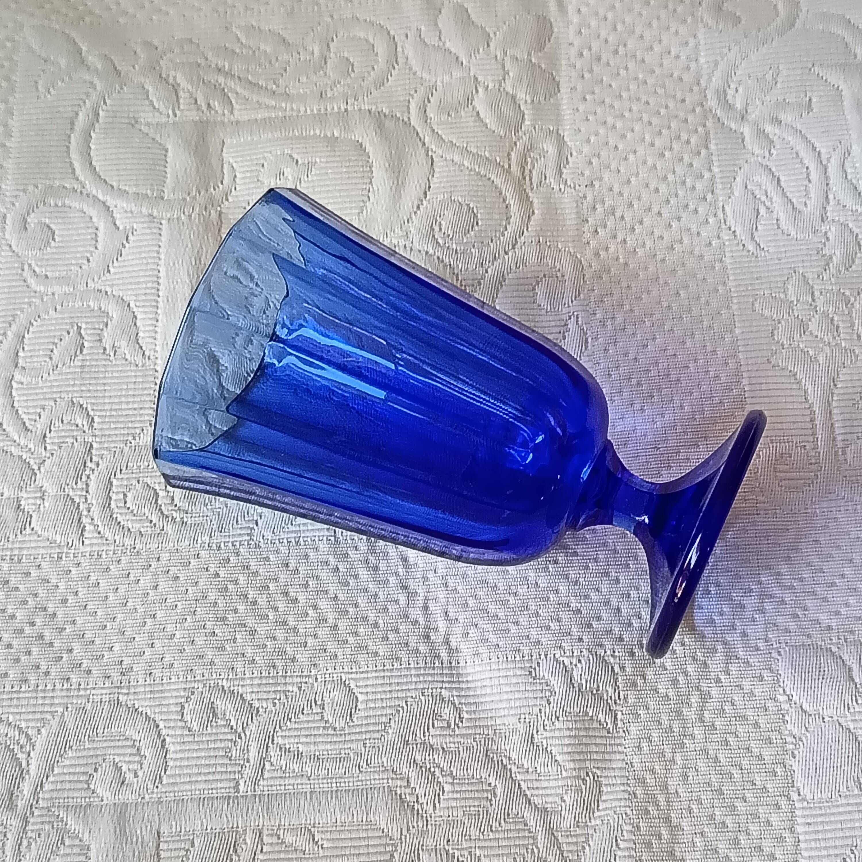 6 vintage footed glasses in cobalt blue coloured glass from Portugal
