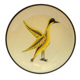 Plat oiseau en céramique du milieu du siècle, peinte à la main Français poterie d’art Uzes signée A Rochat