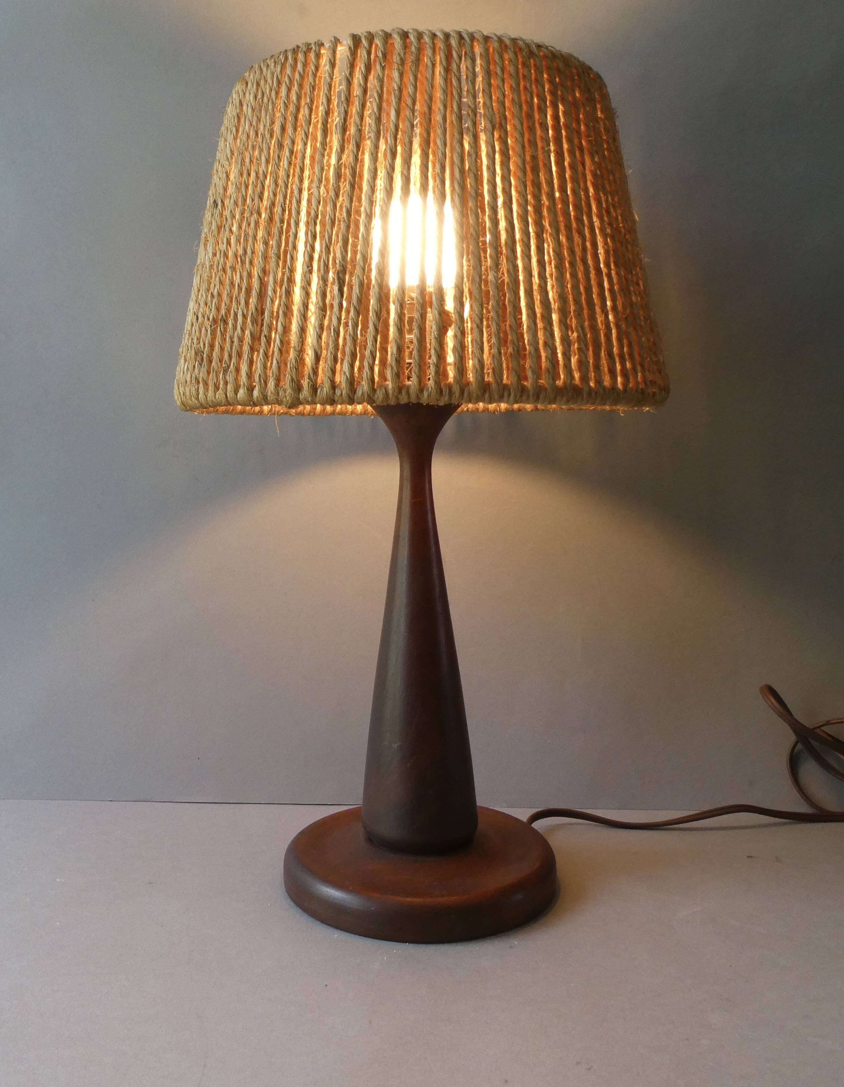 Teak lamp with a rope shade, around 1950.