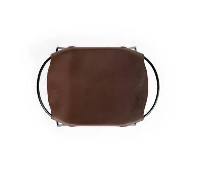 Contemporary organic sculptural bar stool in black smoked metal and dark brown leather.
