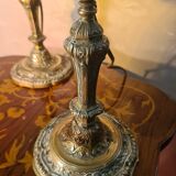 pair of chiselled bronze bedside lamps from 1900, silk shade and trim style