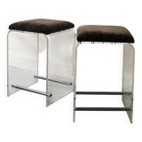 2 bar stools in plexiglass, chrome and leopard velvet, 1970s design