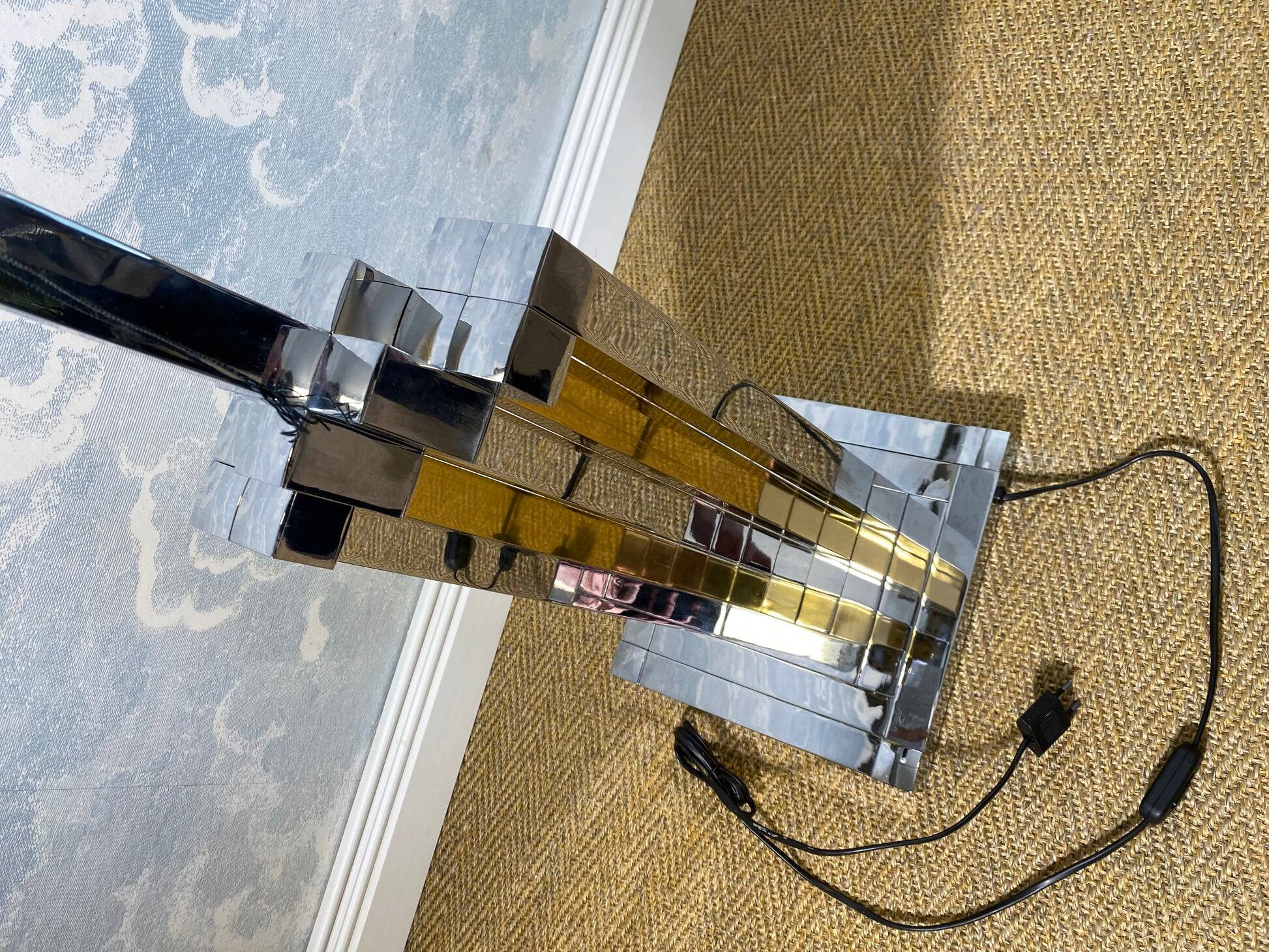 large table lamp in brass and chrome "Skyscraper" by B D Lumica in the style of Willy Rizzo, Spain, 1970s.