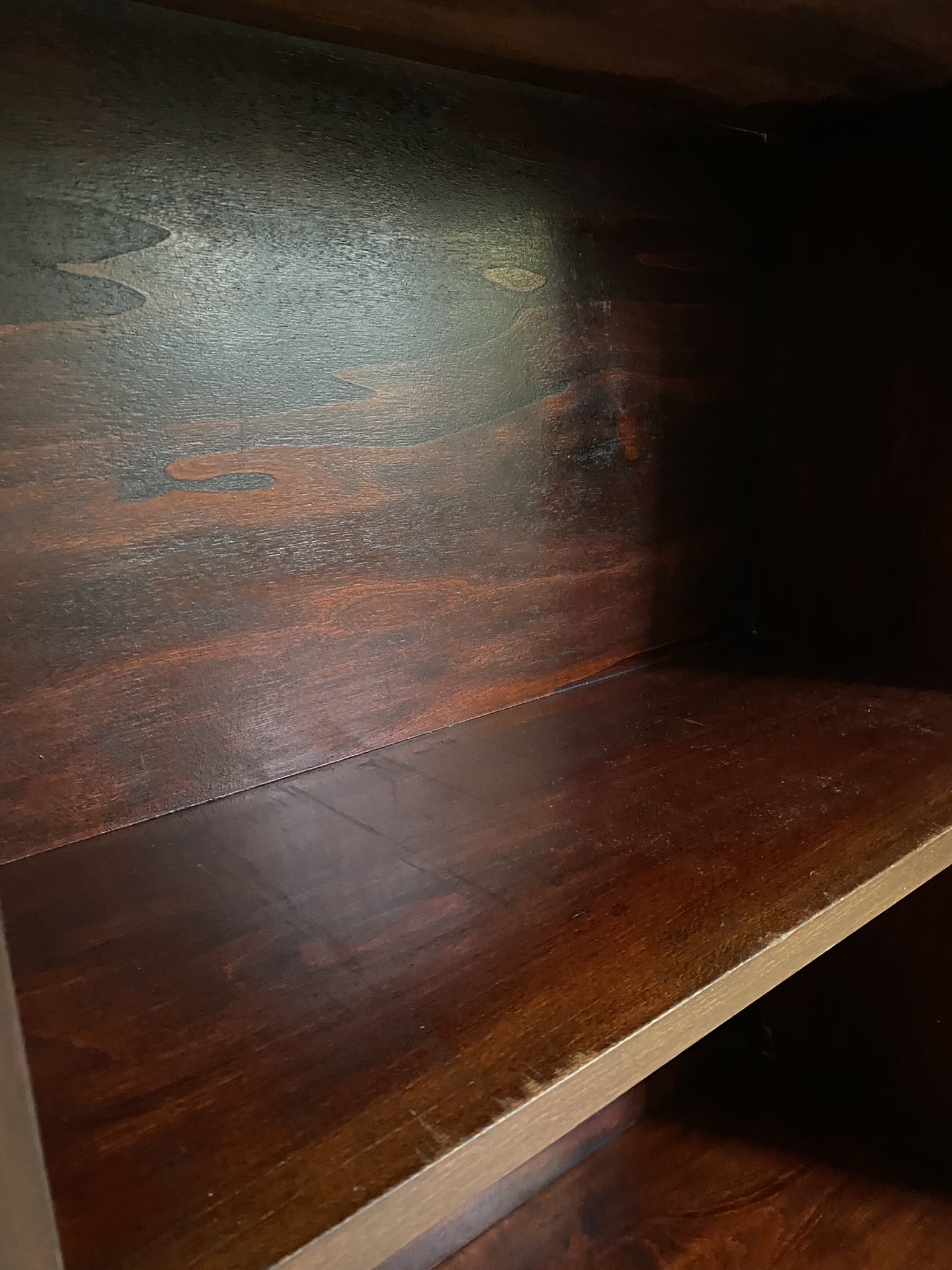 Bookcase vintage natural wood shelves open to three shelves
