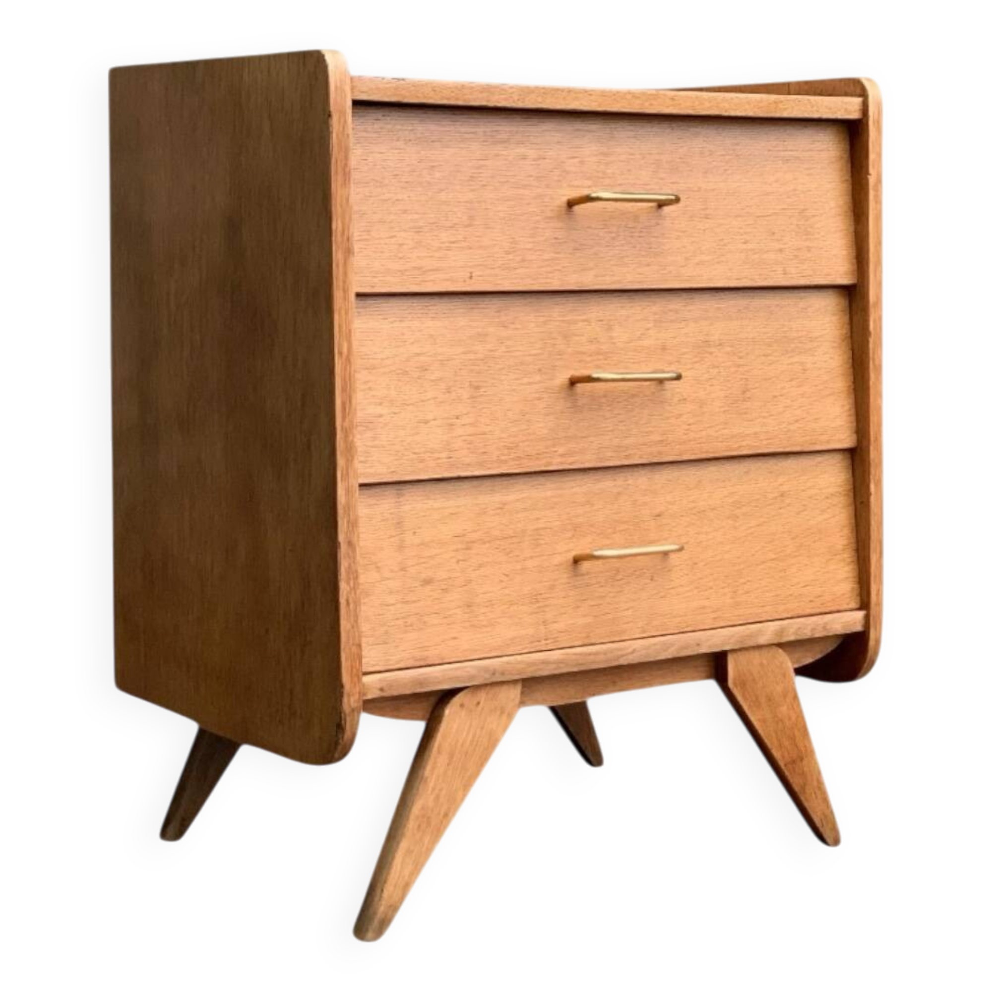 Vintage chest of drawers with compass feet, raw oak, 1960
