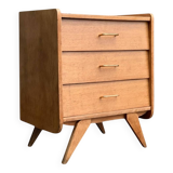 Vintage chest of drawers with compass feet, raw oak, 1960