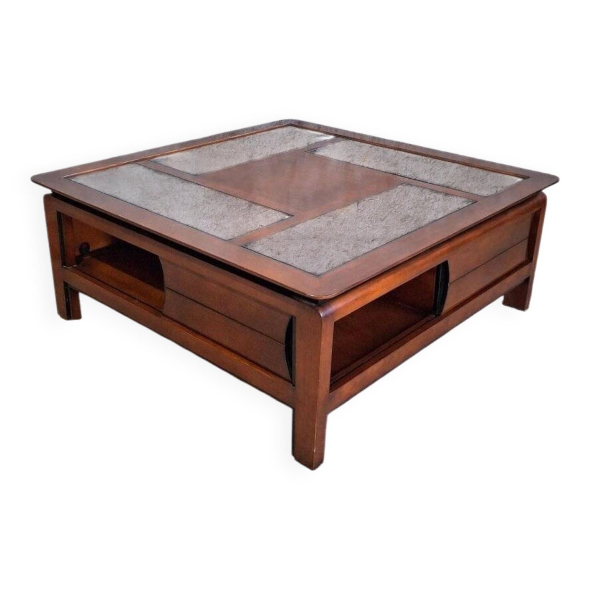 Table basse carrée bois massif plateau avec verre noir 100x100 cm