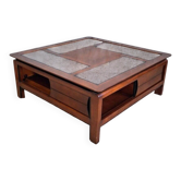Table basse carrée bois massif plateau avec verre noir 100x100 cm
