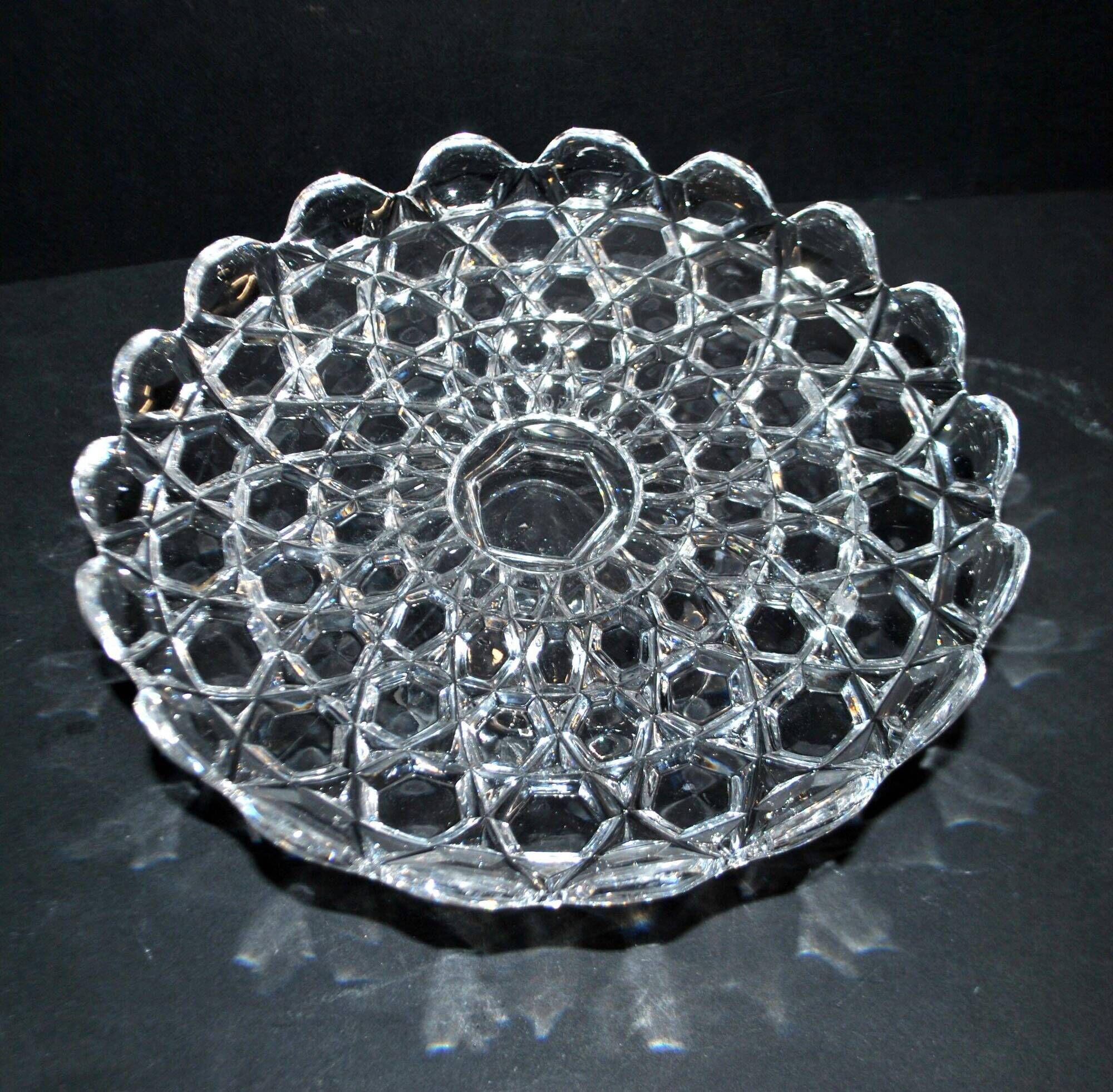 Antique cheese dome on a diamond moulded crystal stand, 1920, marked registered.