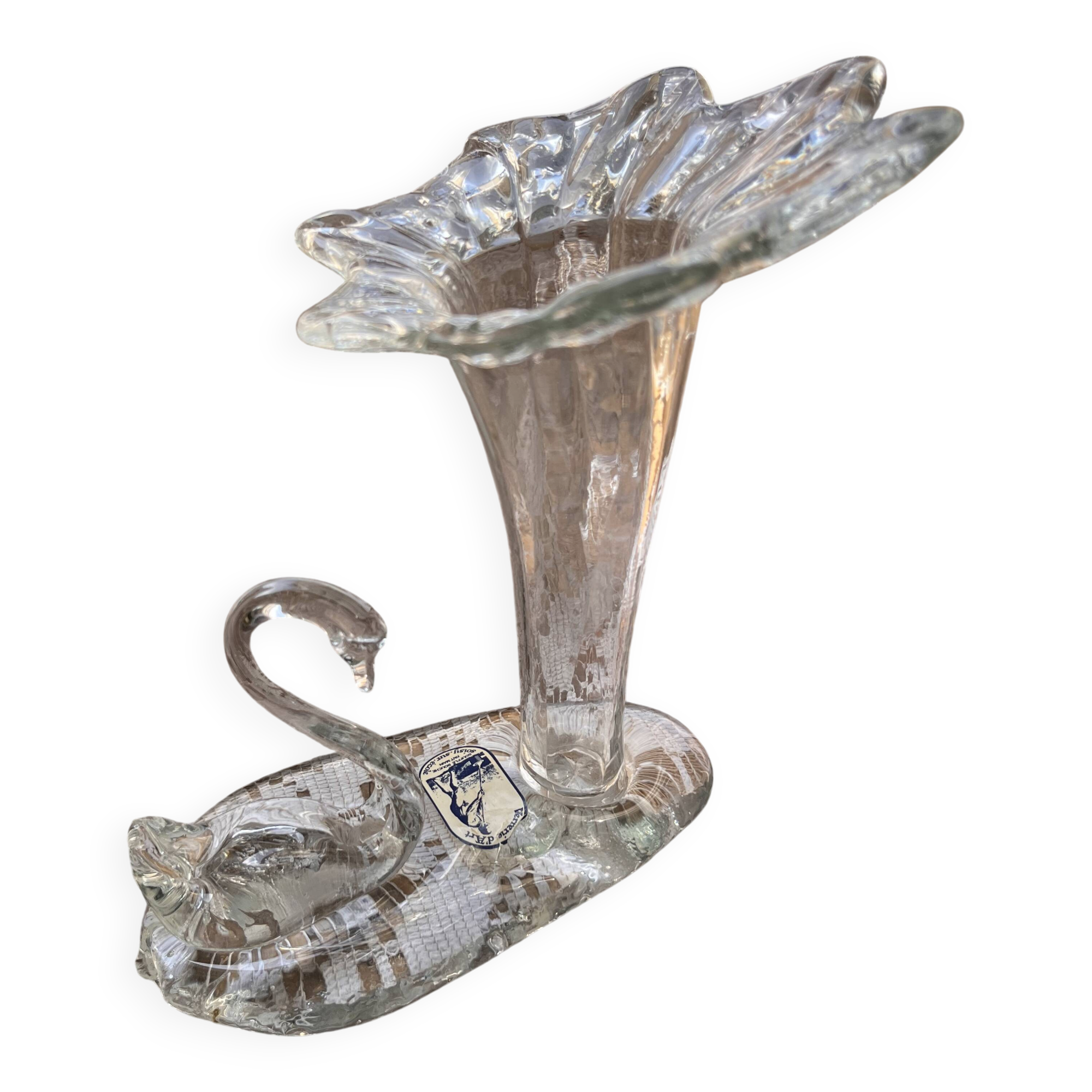 Vase en verre soufflé d’art – Cygne & fleur, signé Soisy-sur-École