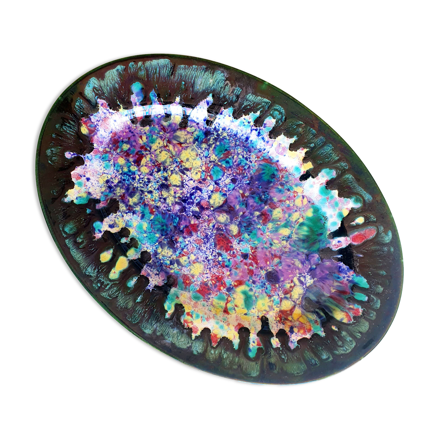 Oval dish in enamelled ceramic signed Morvan