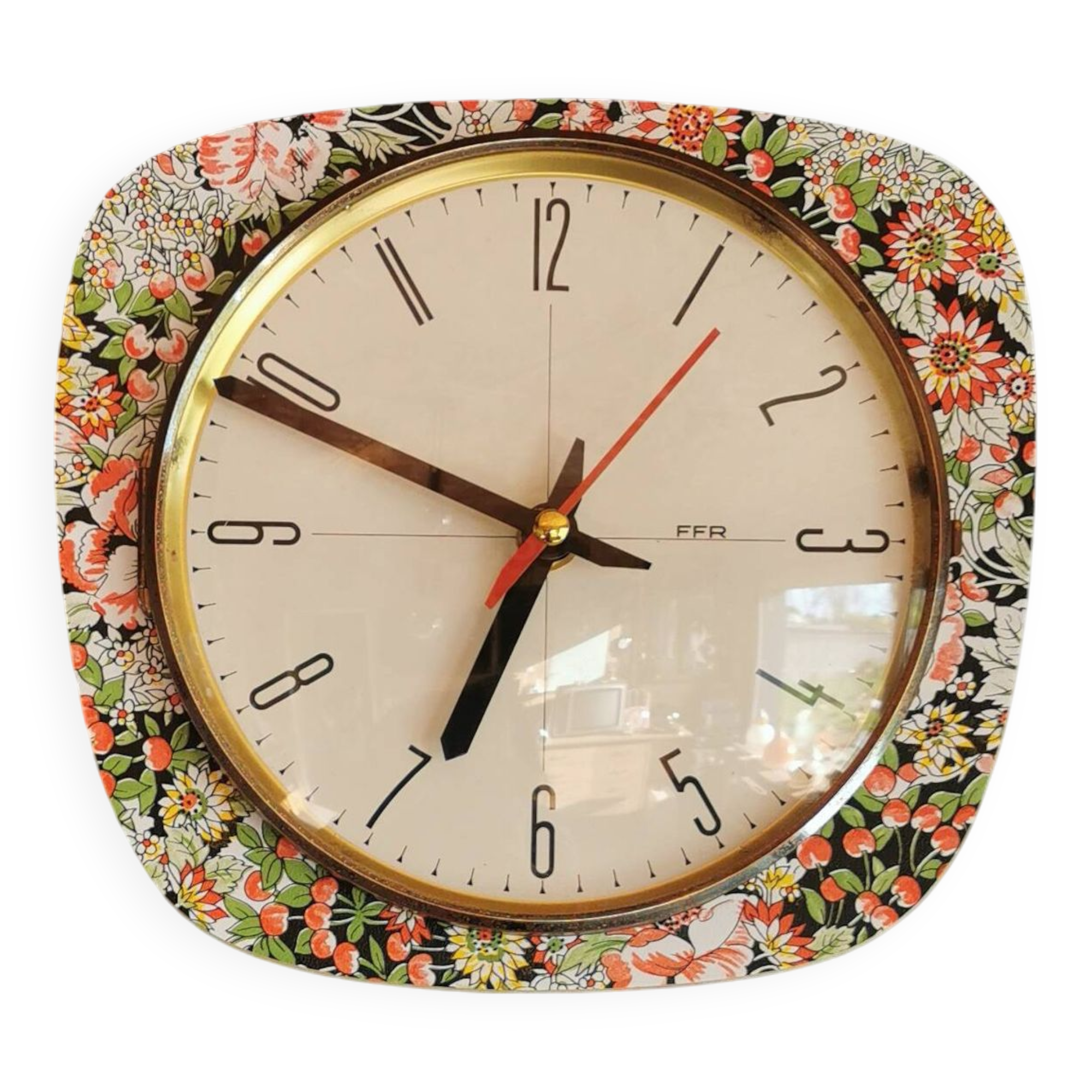 Vintage rectangular silent wall pendulum clock "FFR red flowers"