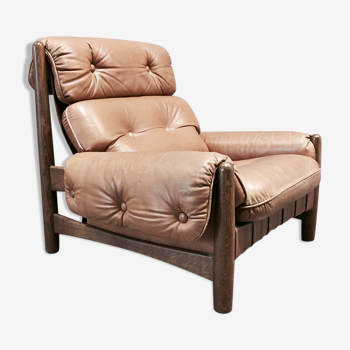 Fauteuil cuir et chêne design, 1950