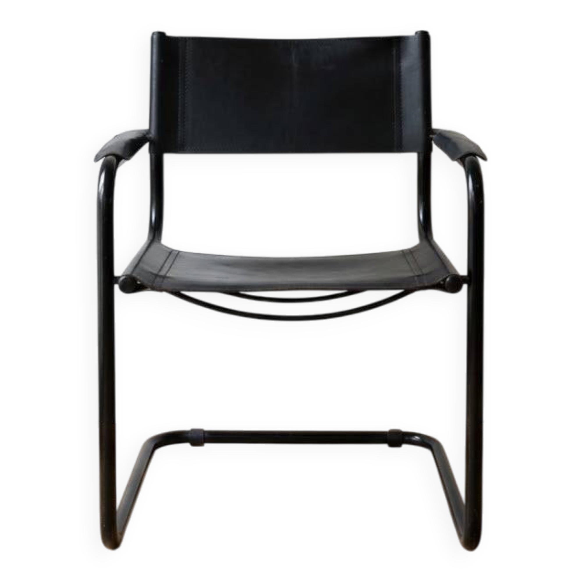 Vintage Bauhaus style cantilever armchair in black metal and leather.