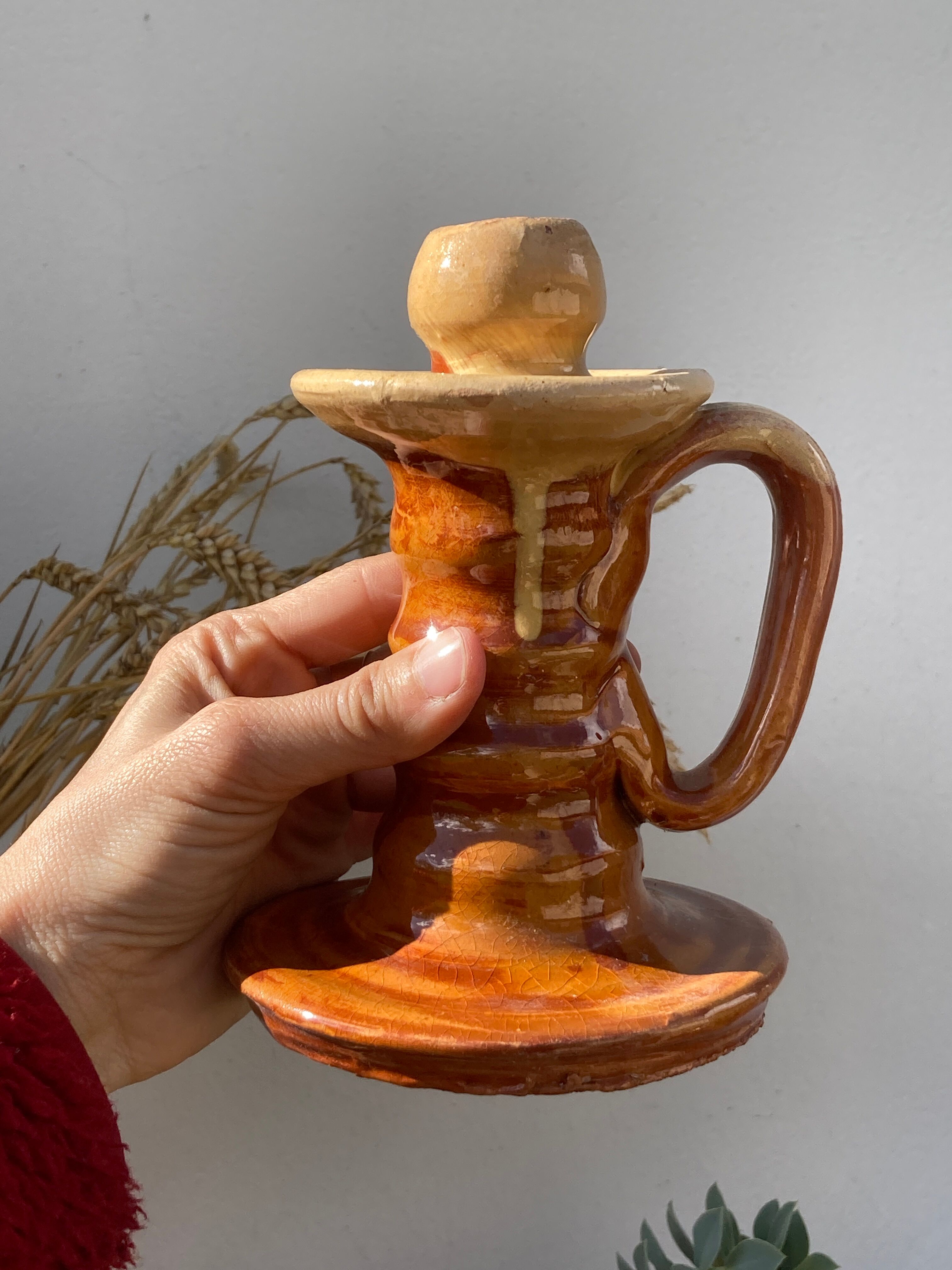 Pair of candle holder Tamegroute old terracotta enamelled brown and beige Moroccan berber