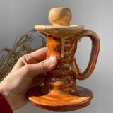 Pair of candle holder Tamegroute old terracotta enamelled brown and beige Moroccan berber