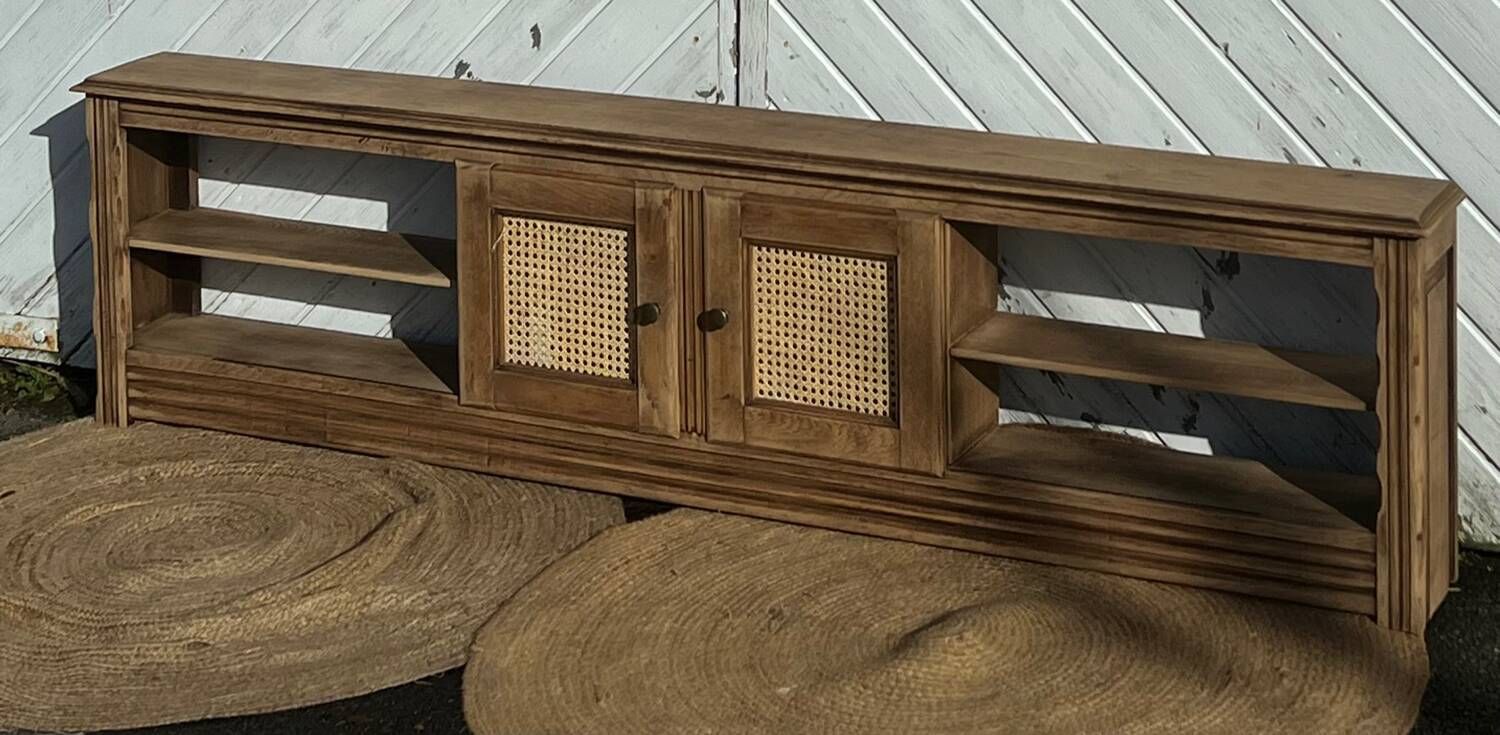 Vintage oak sideboard TV unit with raw finish and caning.