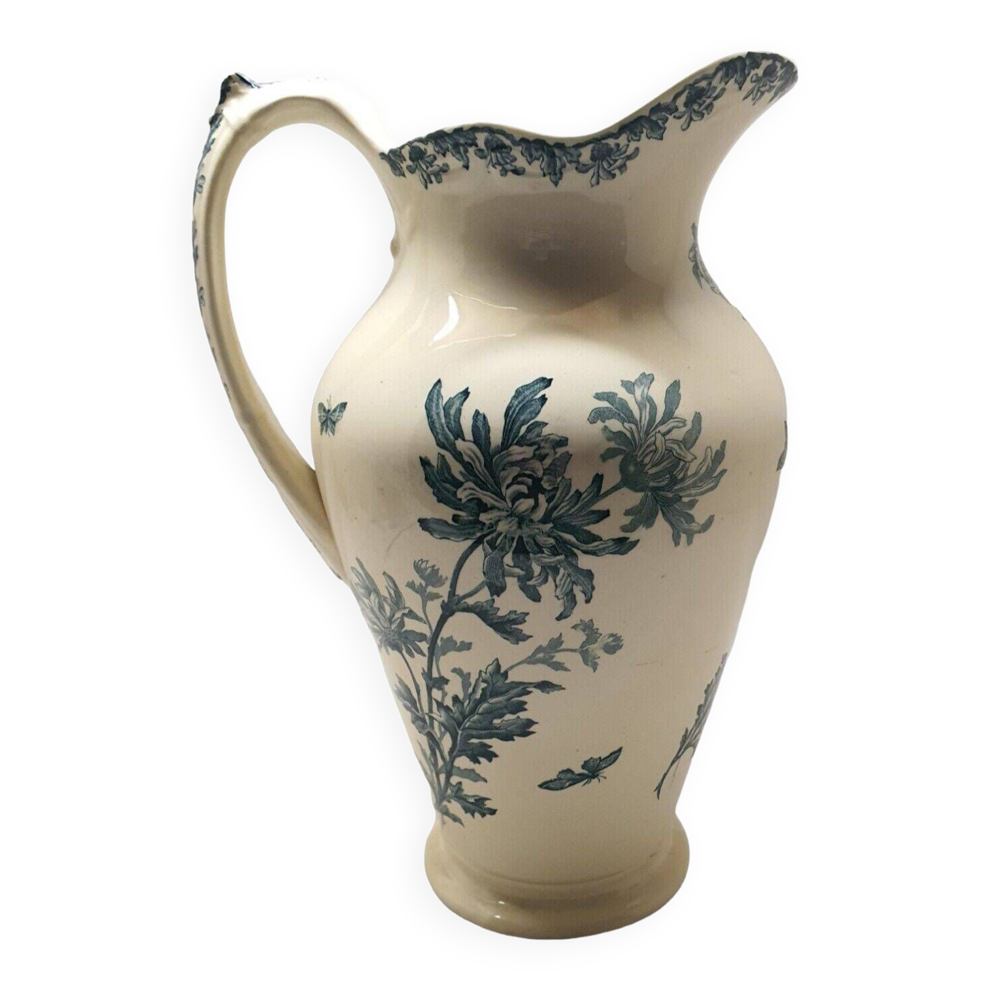 Ancien Grand Broc de Toilette Saint Amand Et Hamage St Anonyme Pivoine Vert