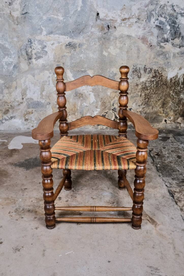 Pair of turned wooden spool armchairs, mid-20th century, France
