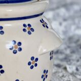 Vintage beige earthenware candy box - Hand-painted blue floral decoration