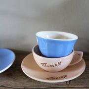 2 coffee cups and saucers pink Digoin Sarreguemines blue Villeroy Boch