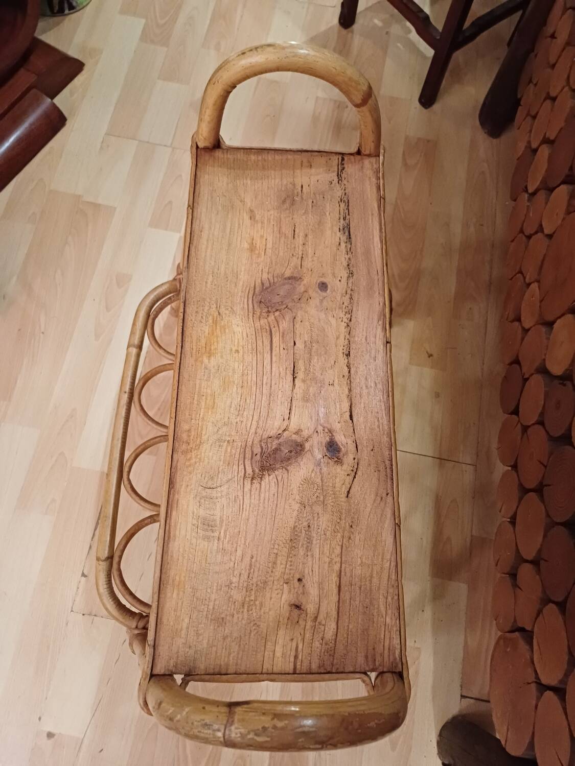 Small side piece of furniture with bamboo magazine holder, wooden top, 1960