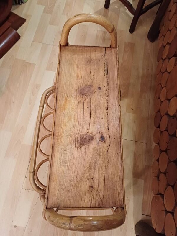 Petit meuble d'appoint porte revue en bambou plateau bois 1960