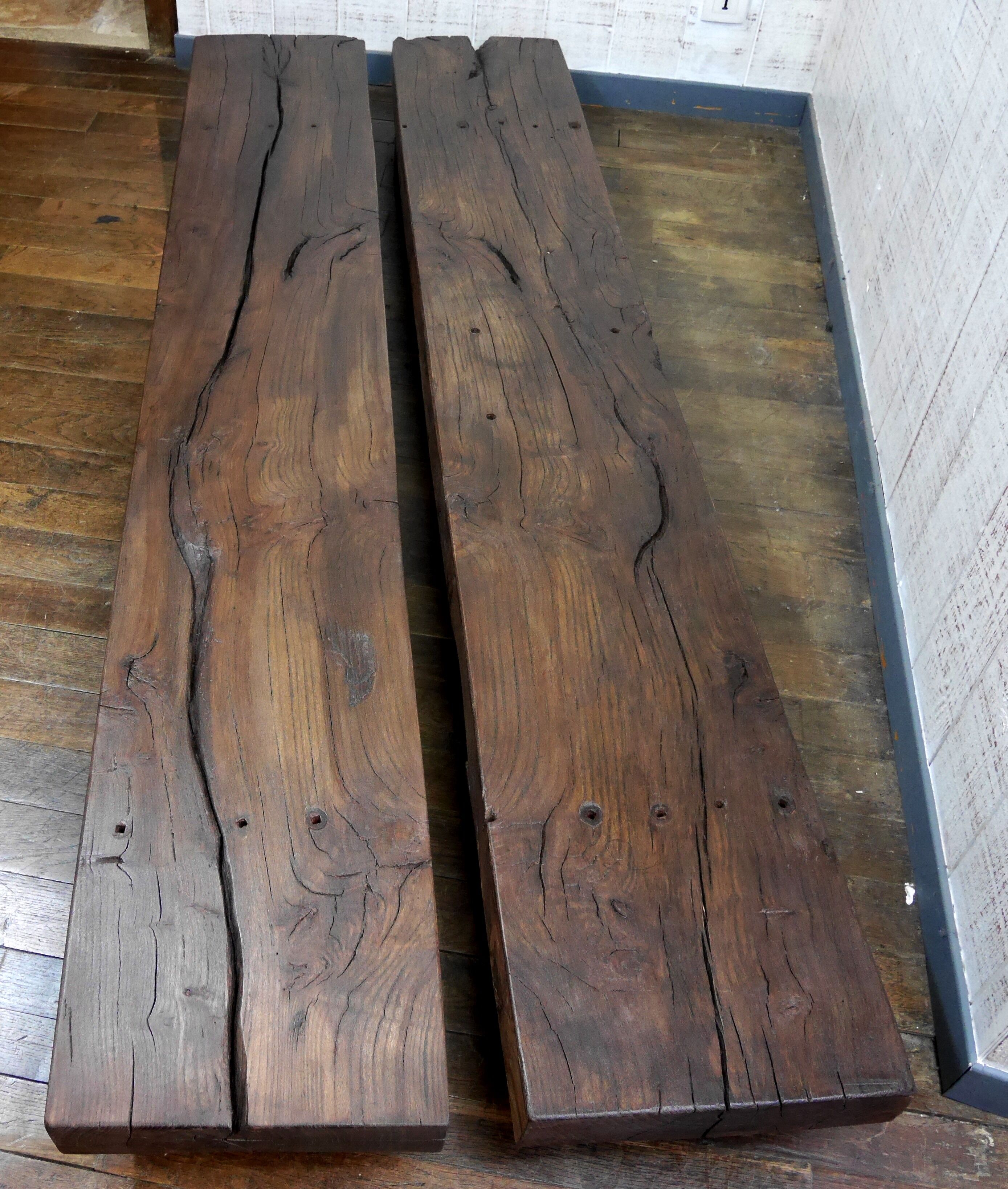 pair long coffee table solid wood brutalist