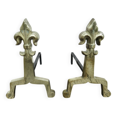 Imposants anciens chenets ''fleur de lys'' en bronze massif, fin XIXème