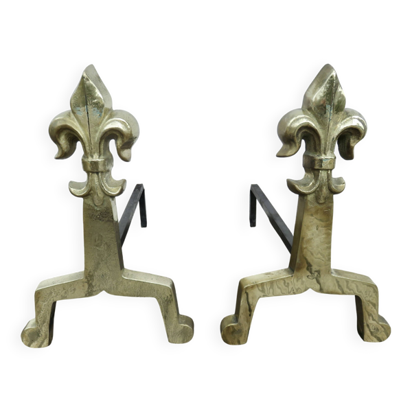 Imposants anciens chenets ''fleur de lys'' en bronze massif, fin XIXème