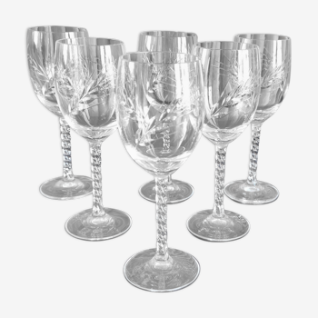 Lot 6 verres à vin rouge cristal taillé pied torsadé epis cristal d'arques