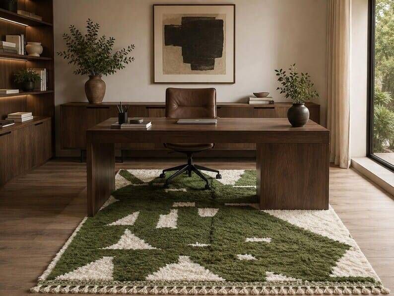 Authentic pure wool Moroccan rug in green and white, 2/3 m.