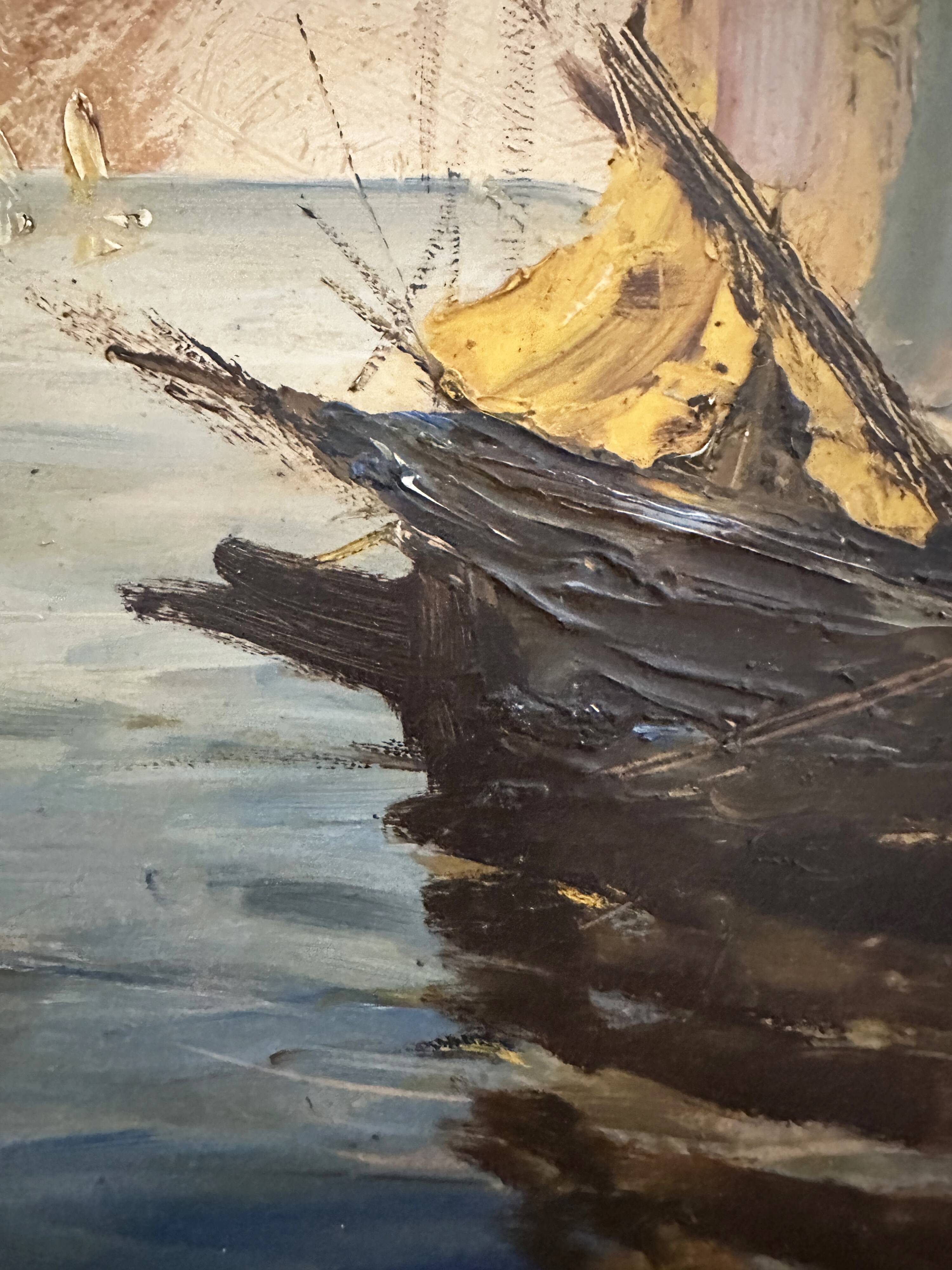 Huile impressionniste ancienne d’un port de Méditerranée