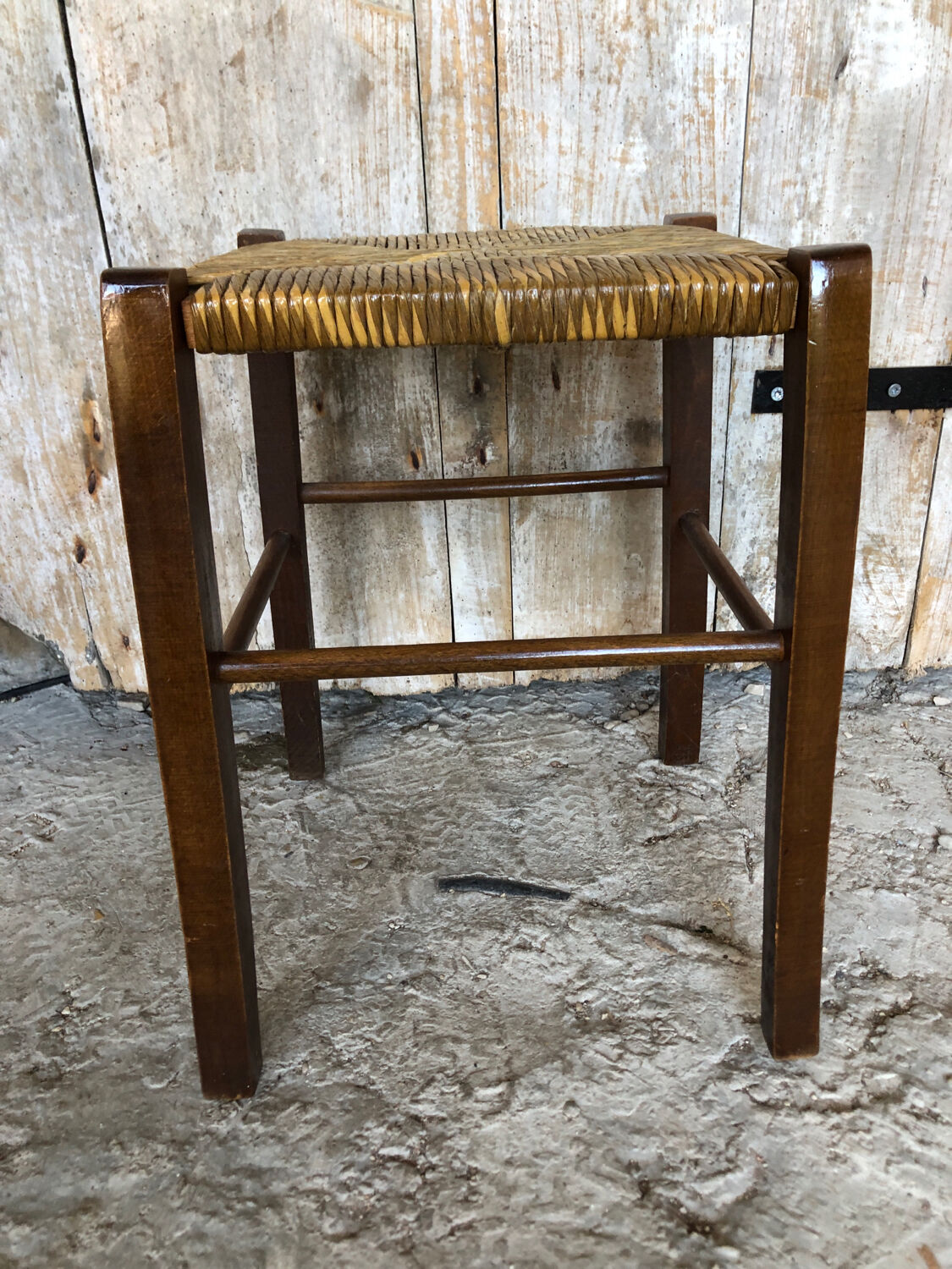 Wooden stool + vintage woven straw seat