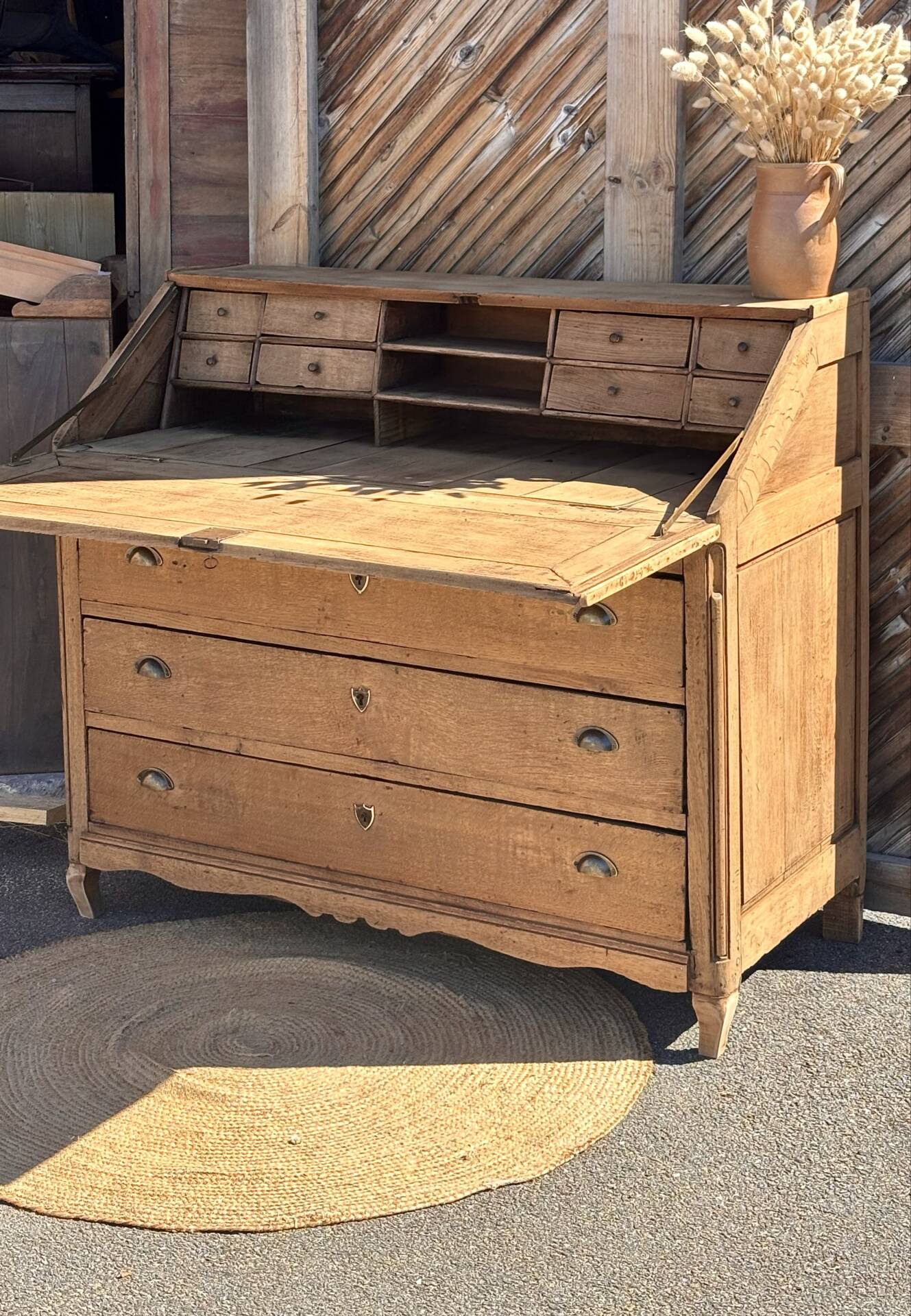 Antique drop-leaf secretary / solid raw oak counter