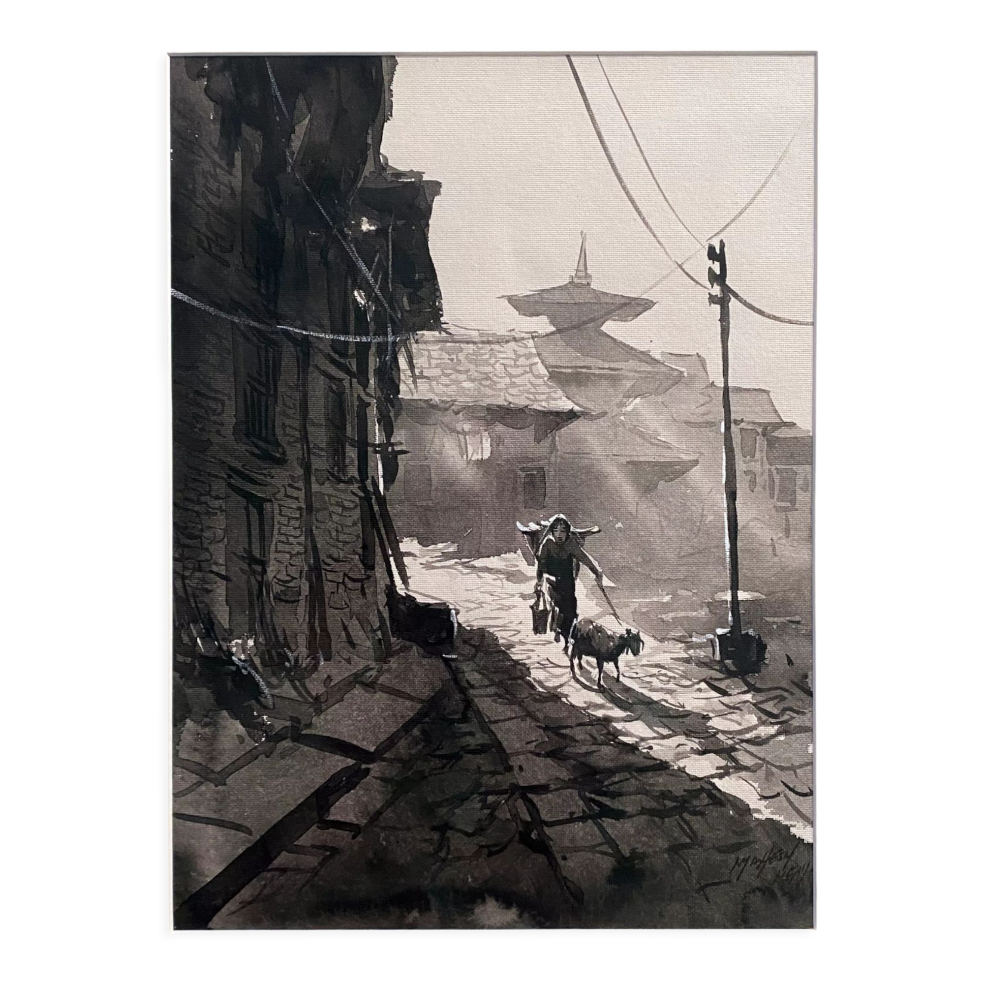 Indochinese school ink (XX °) signed "Bergère à la chévre" + frame