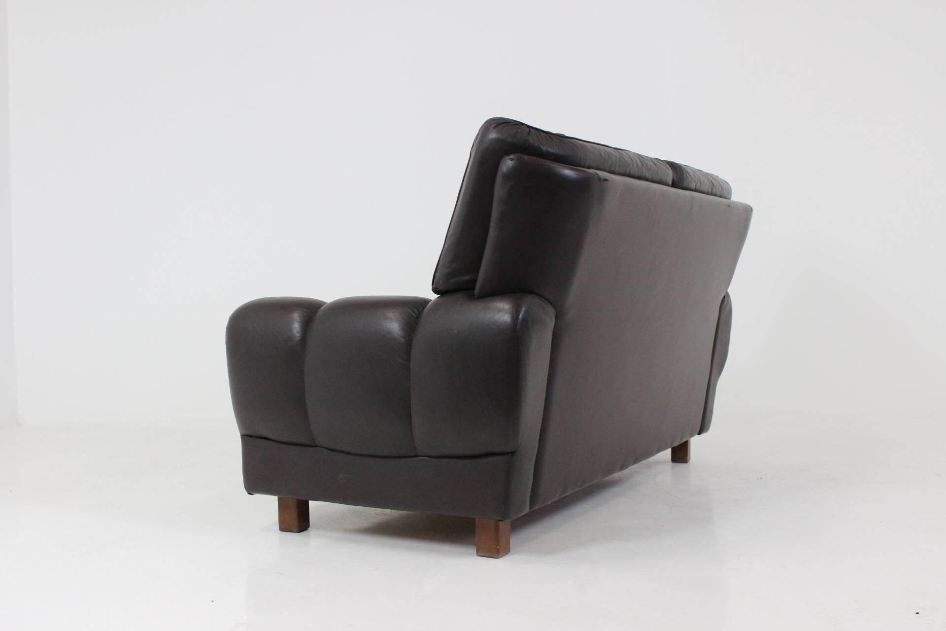 Mid-Century Design Black Leather Sofa, 1970s, Czechoslovakia