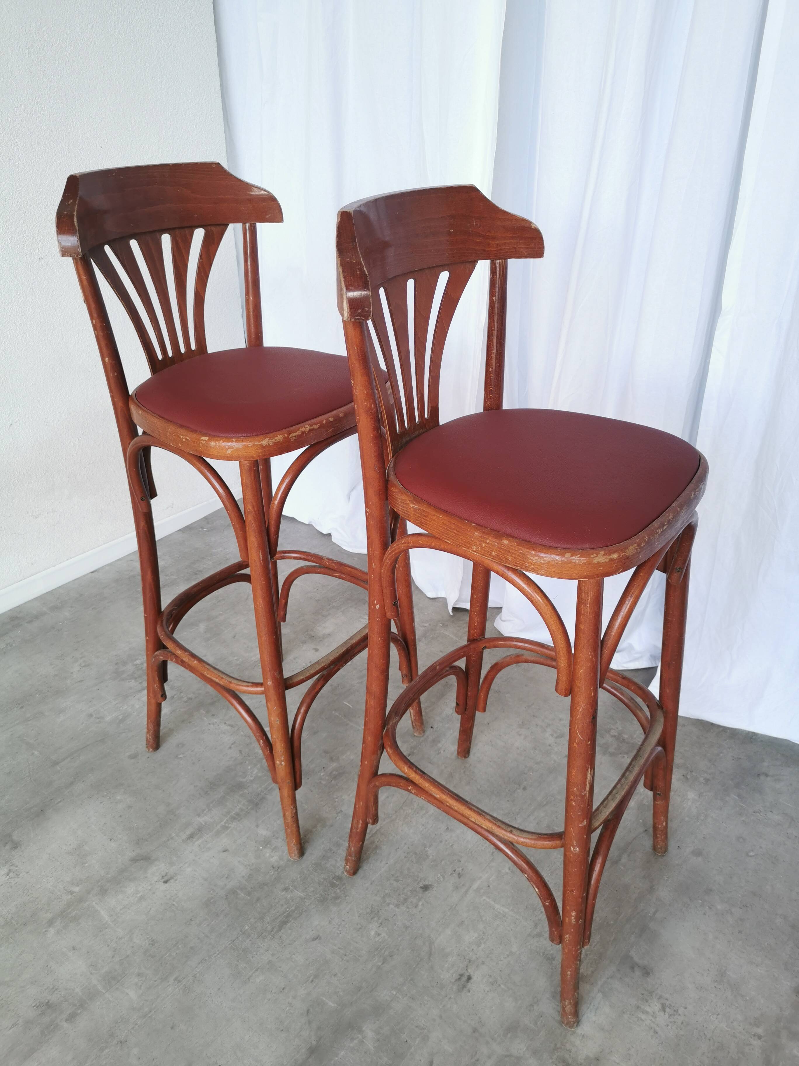 Mid-Century Thonet Style Bar Stools: Red Faux Leather Seat, Set of 2