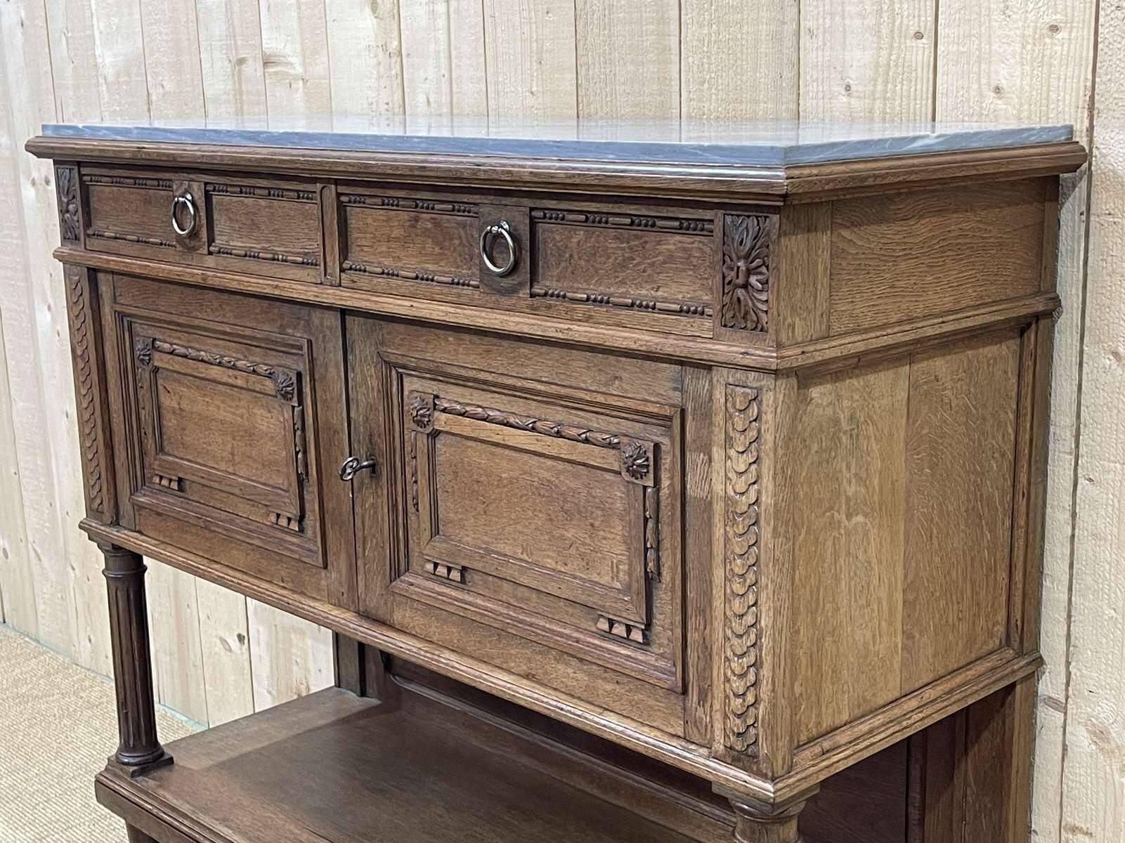 Louis XVI style oak server with marble top