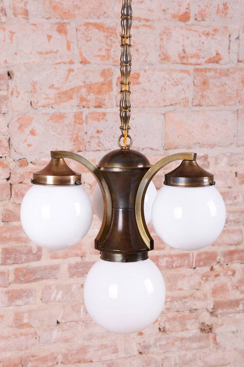 Art Deco Dissociative Chandelier in Brass and Opaline Glass, Czech, 1920s
