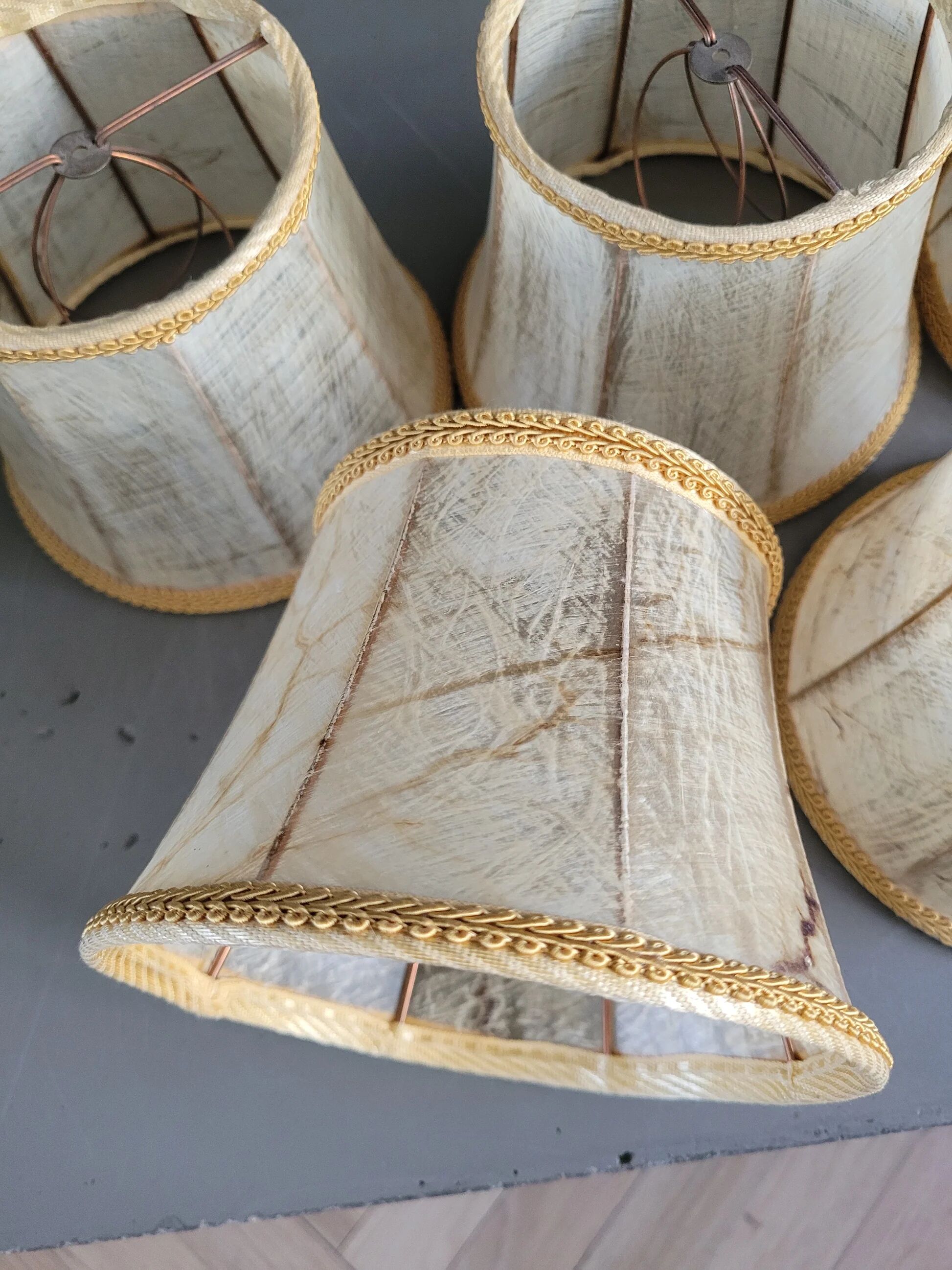 Set of 5 clip lampshades made from pig bladder.