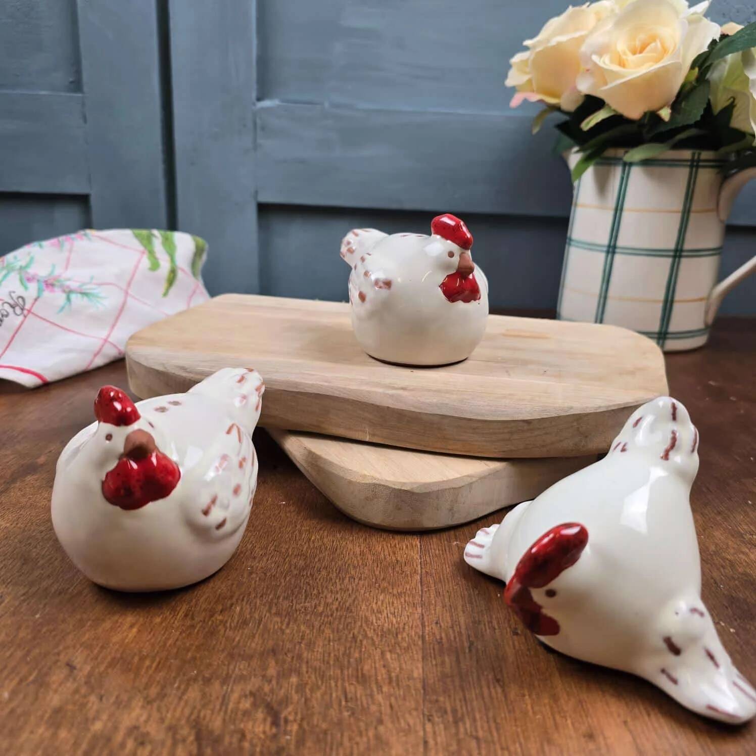 Ensemble salière & poivrière + statuette poule en céramique, Athezza