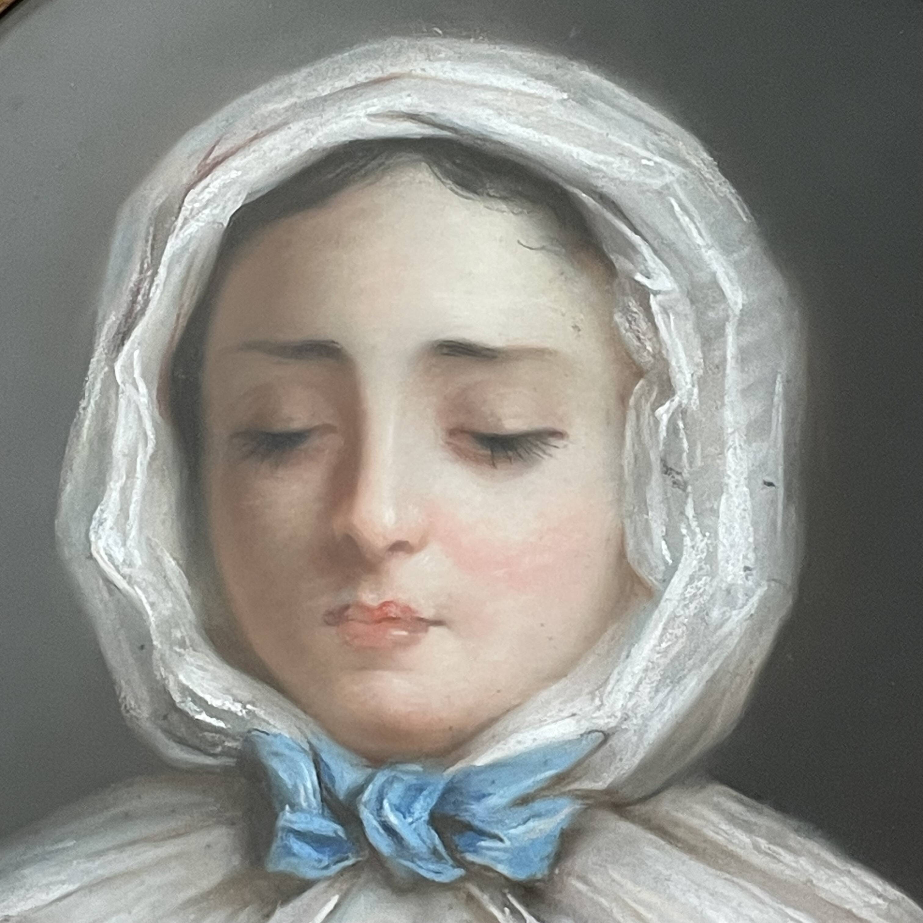 Portrait of a young girl in pastel from the 19th century.