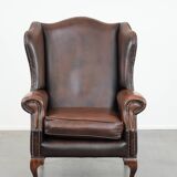 Brown smooth cow leather Chesterfield wingback armchair in English style